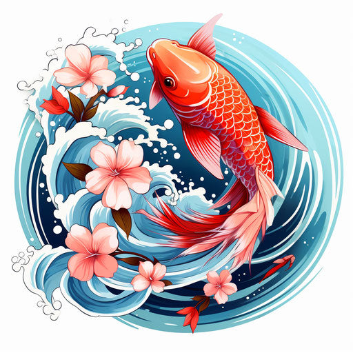 Koi fish tattoo with white waves and flowers