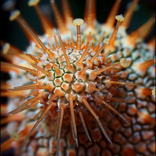 Close-up of sea urchin displaying intricate spines details.