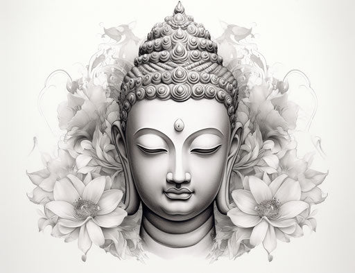 Buddha and flowers tattoo design, detailed graphite sketches style