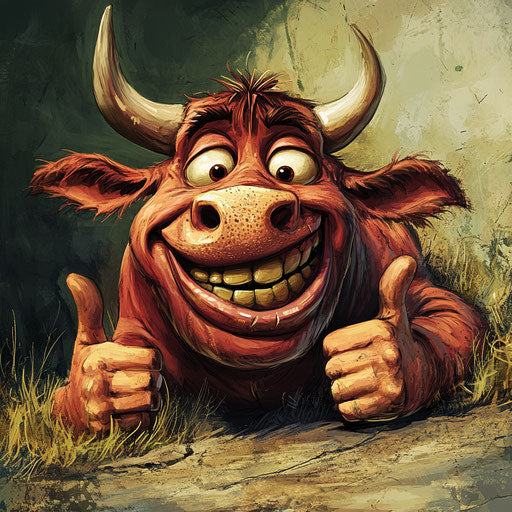 Humorous caricature of a cow head with human features, exaggerated eyelashes, muscular arms, lying on the ground, vibrant colors, cartoon style, thumbs up, high resolution, no background, isolated -c 40