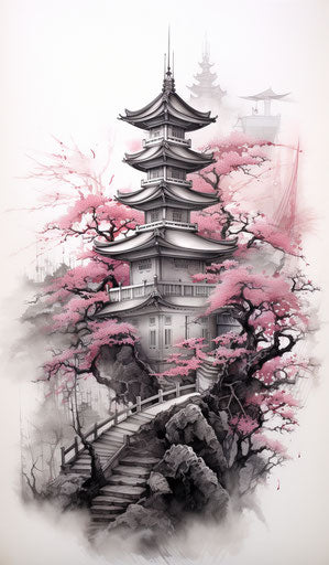 Japanese Pagoda and Blossoms, Tattoo Style, Grisaille Dark Silver and Light Magenta, Mist, Culturally Diverse Elements, Realistic 7:12
