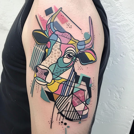 Abstract cow tattoo, geometric shapes and pastel colors