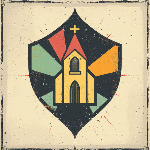 Vintage badge church logo with retro color palette and textured background