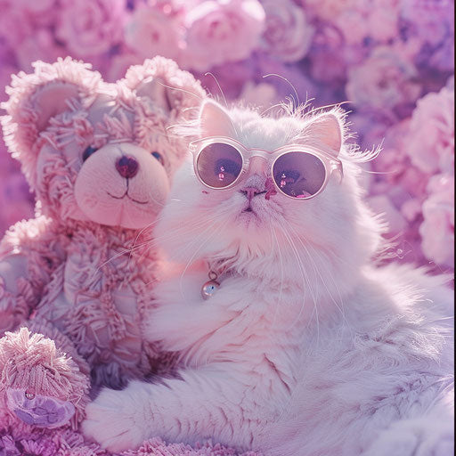 White cat with sunglasses behind a teddy bear