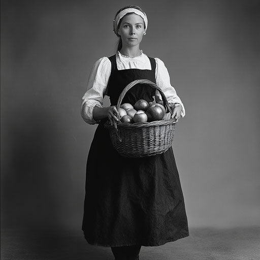 American historical figure in black and white peasant dress