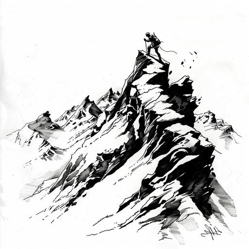 Artistic flat tattoo sketch of a climber reaching the summit of a craggy peak