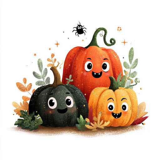Three Cheerful Pumpkins Featuring Halloween Elements