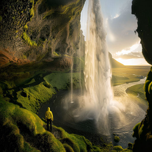 Seljalandsfoss Waterfall, Iceland, with extreme sports enthusiasts.