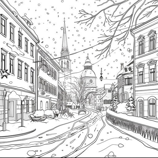 City street in winter with snow-covered buildings and streets