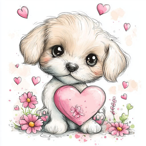 Cute puppy with heart and flowers, white background