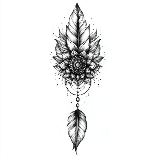 Outer forearm tattoo with mandala and feather integration