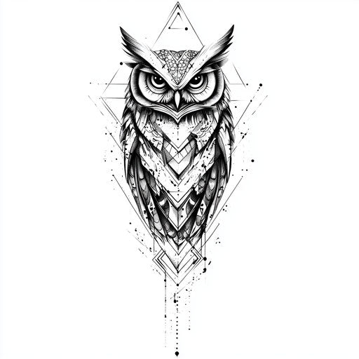 Stylized owl tattoo sketch with geometric patterns