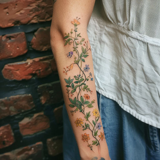 Wildflower vine tattoo, soft colors, organic design