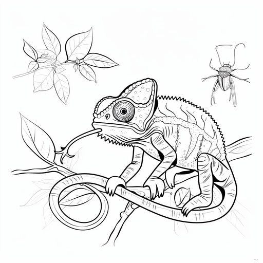 Chameleon catches insect with tongue. Coloring book page