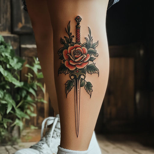 Shin tattoo with a classic rose and dagger, in the style of Ed Hardy
