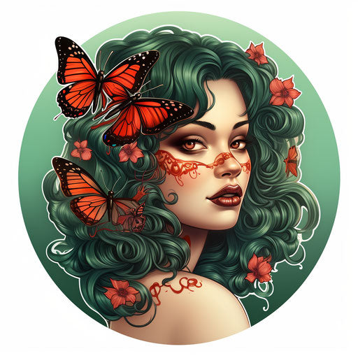 Woman with butterfly tattoo, bold traditional style