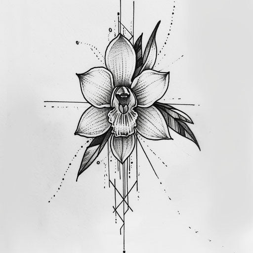 Art deco small orchid flower tattoo drawing, with geometric shapes on white