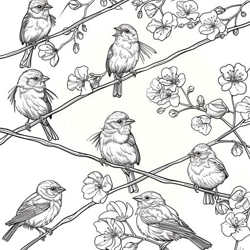Birds on a telephone wire. Coloring book page