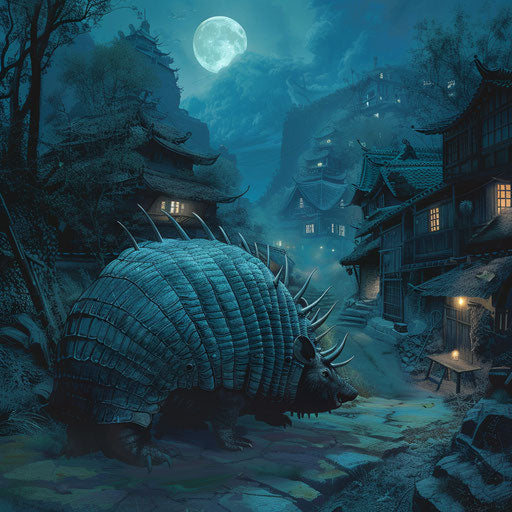 A ninja armadillo on a stealth mission in a moonlit village