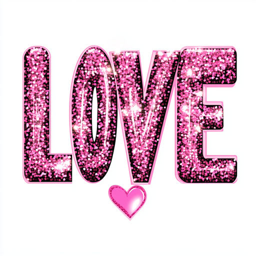 Pink leopard print, glitter, and sparkling pink text "LOVE" with heart clipart in cartoon style on white background