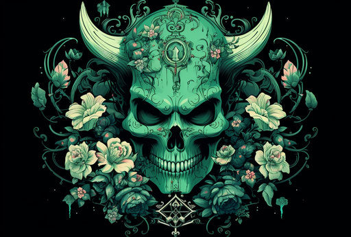 Green haired devil with horns, traditional Japanese style