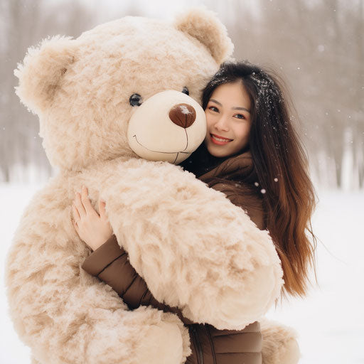 Woman holding a huge teddy bear in the snow