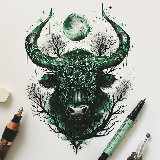 Taurus zodiac sign flat tattoo sketch forest green design