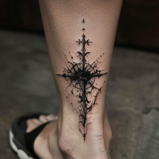 Ankle tattoos in the style of Gerald Brom with a dark gothic cross