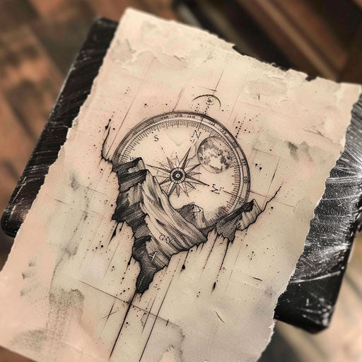 Flat and adventurous tattoo sketch of a full moon with mountain peaks and a compass