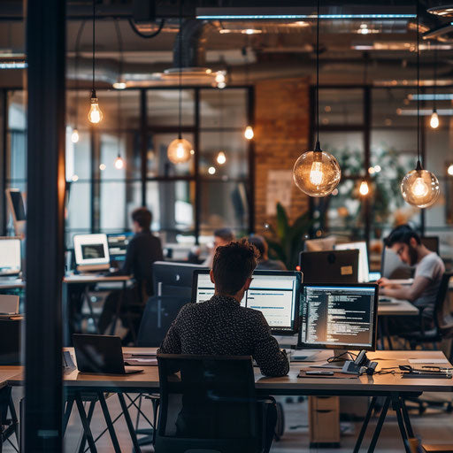 Innovative tech company office with coding developers, futuristic gadgets and ergonomic workstations