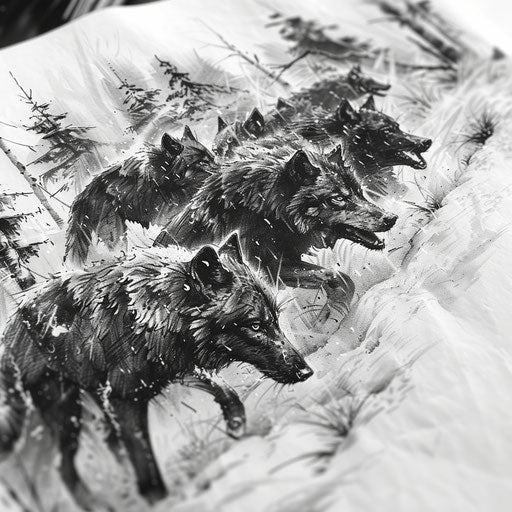 Wolf pack hunting in snow, detailed tattoo style