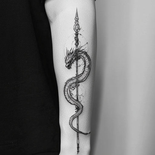 Dragon arm tattoo with dragon spiraling around runic staff