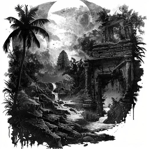 Mysterious ruin in a dark jungle, black-gray clipart style