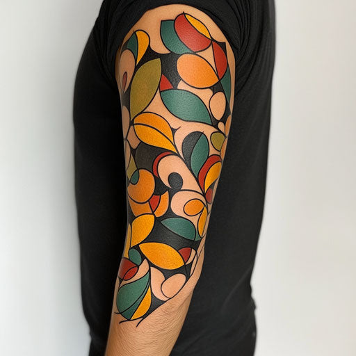 Traditional tattoo sleeve with abstract geometric patterns