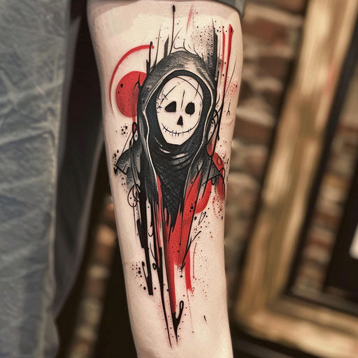 Flat tattoo sketch of No-Face with bold stencil-style and striking contrasts