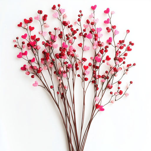 Three bunches of pink and red heart-shaped flowers with berries on white background