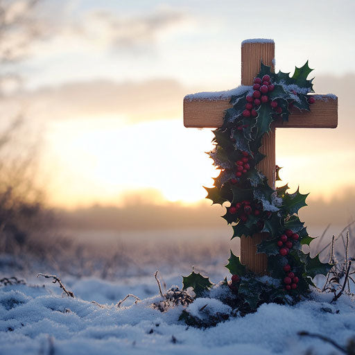 Wooden cross with holly and ivy garland in snowy dawn