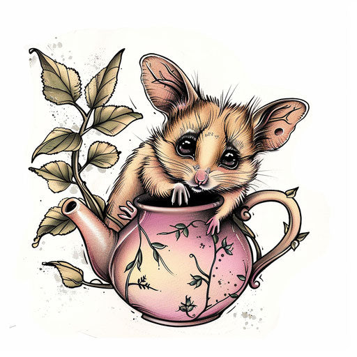 Illustration of a sleepy mouse peeking out of a teapot, cute and colorful, on a clean white background