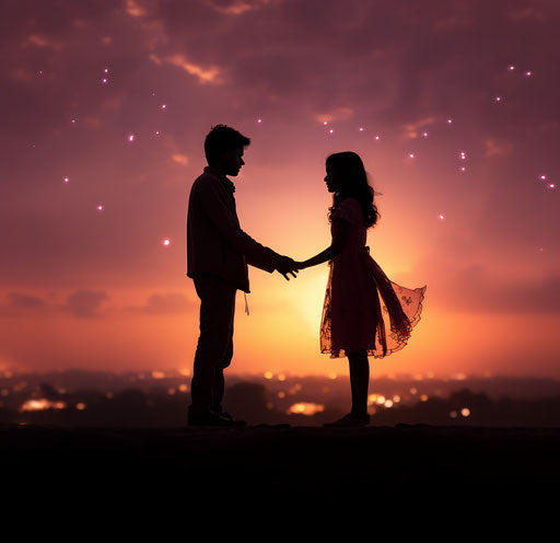 Romantic silhouettes in light sky-blue and dark magenta