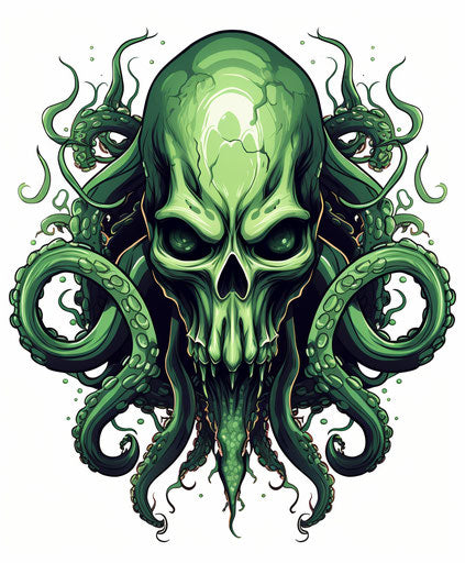 Octopus skull and tentacles on a white background, dark green and green dystopian style