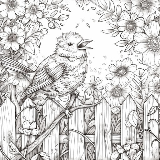 Bird singing on a fence with flowers