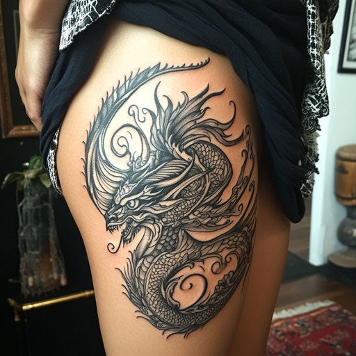 Tribal dragon tattoo on back of thigh
