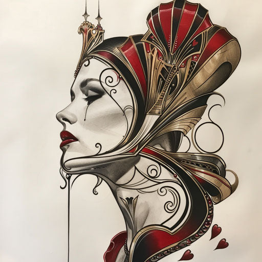 Art deco inspired Queen of Hearts tattoo design