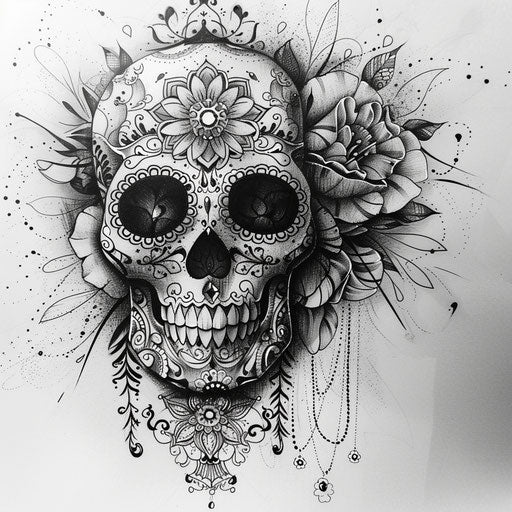 Sugar skull tattoo with mandala on white background