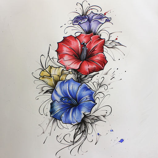 Sports-themed tattoo sketch of morning glory with athletic motifs and vibrant team colors