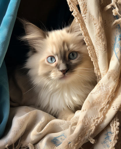 Soft kitten looking out from kennel, light beige and dark aquamarine style