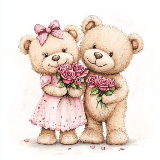 Adorable teddy bear couple holding roses, wearing pink dress and bow on head
