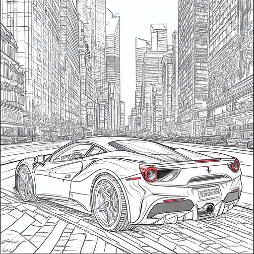 Ferrari in a city at dusk, detailed and realistic style