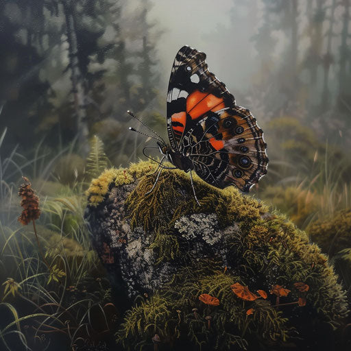 Red admiral butterfly resting on moss-covered rock in misty forest