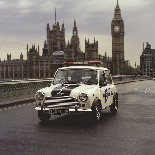 1980 Mini Cooper transformed into British police car with classic 'Panda' livery, parked in front of iconic London landmark